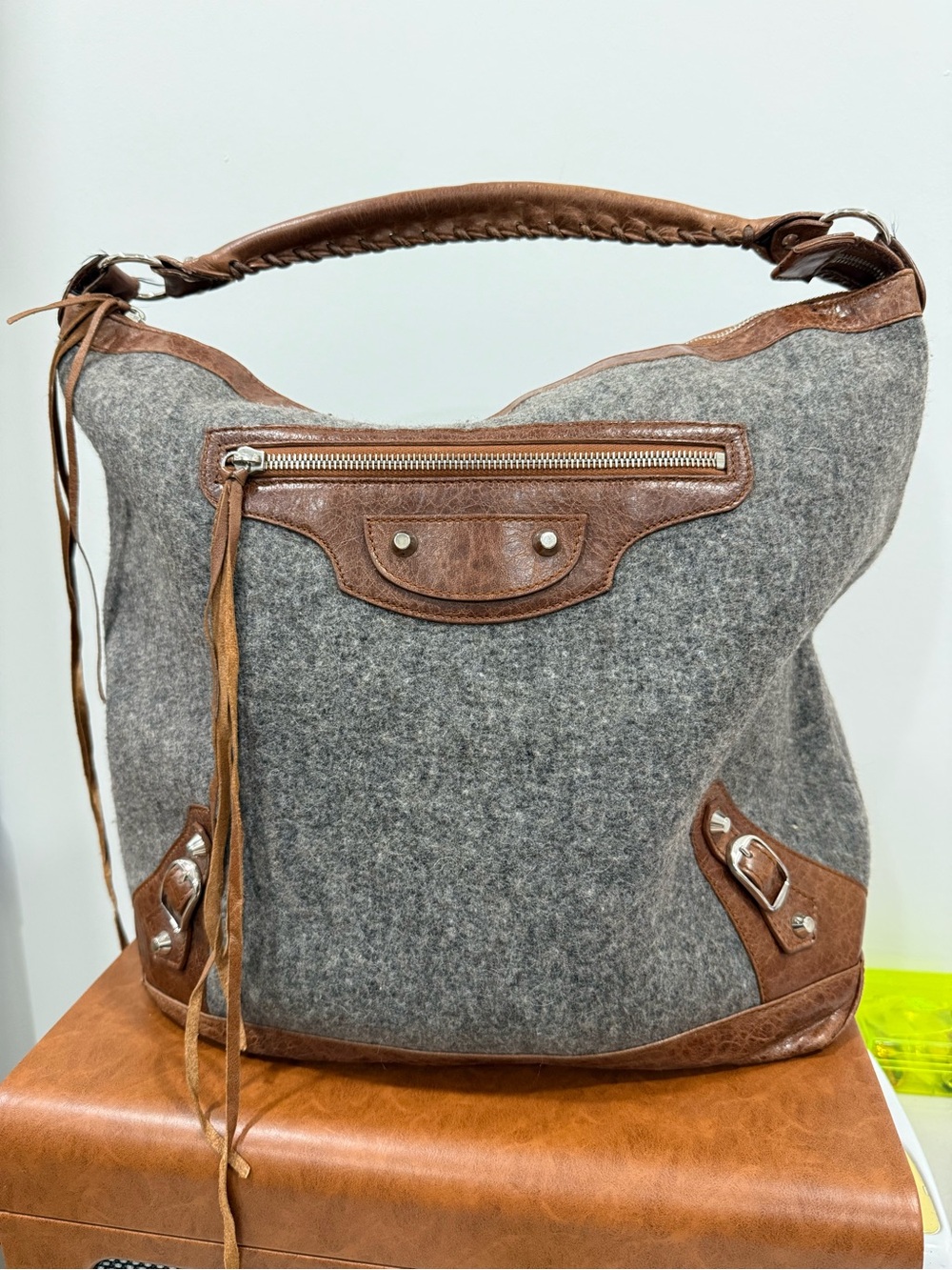 Balenciaga Felt Motocross Classic City Bag Gray Felt and Brown Leather Hobo Bag